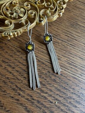 Antique Sterling Silver Tassel Drop Earrings with Yellow Stones